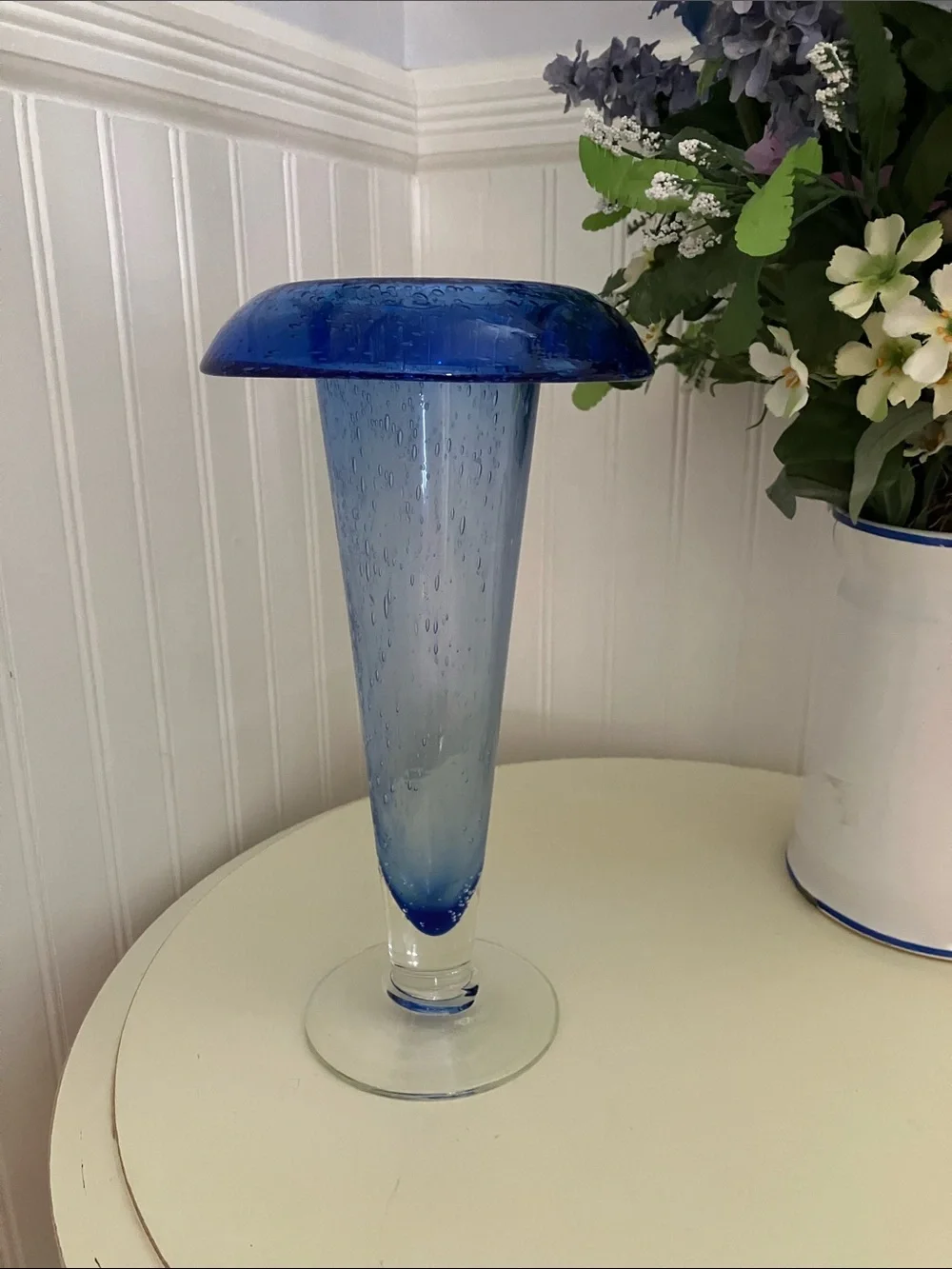 Vintage Hand Blown Cobalt Blue Footed Vase With Folded Trumpet Rim